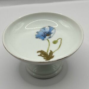 LIMOGES Vintage Trinket Pedestal Dish with Handpainted Blue Poppy Flower Design